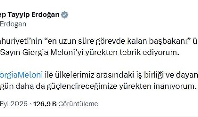 Cumhurbaşkanı Erdoğan'dan, İtalya Başbakanı Meloni'ye tebrik mesajı