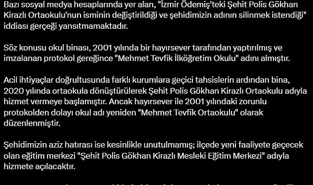 DMM'den İzmir'de ismi değiştirilen okula ilişkin açıklama