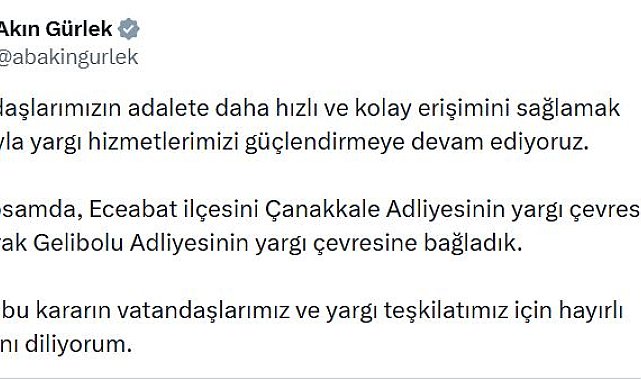 Eceabat ilçesi, Gelibolu Adliyesi yargı çevresine bağlandı