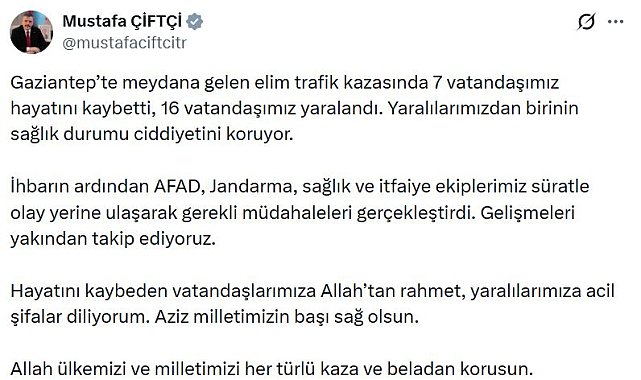 Gaziantep'te yolcu otobüsü ile otomobil çarpıştı; 7 ölü,16 yaralı