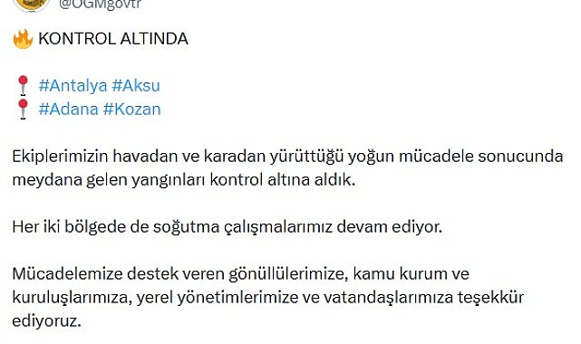 OGM: Aksu ve Kozan yangınları kontrol altına alındı