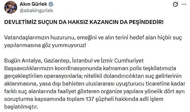 Organize suç yapılarına yönelik 4 ilde 137 şüpheli hakkında işlem başlatıldı