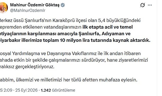 Şanlıurfa merkezli depremden etkilenenler için 10 milyon lira kaynak aktarıldı