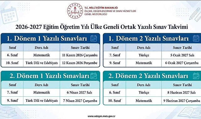 Ülke geneli ortak yazılı sınav takvimi belli oldu