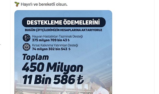 Üreticilere 450 milyon TL tarımsal destek