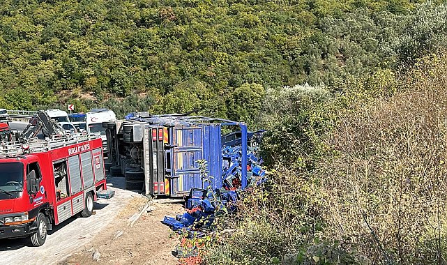 Virajda yol kenarındaki otomobile çarpan kamyon devrildi; 1 ölü, 1 yaralı