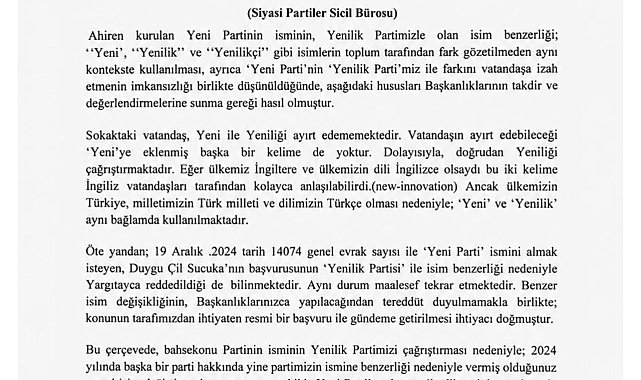 Yenilik Partisi, 'Yeni Parti'nin isminin değiştirilmesi için Yargıtay'a başvurdu