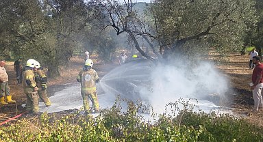 Zeytin ağacına çarpan otomobil yandı; 1 ölü, 1'i çocuk 5 yaralı