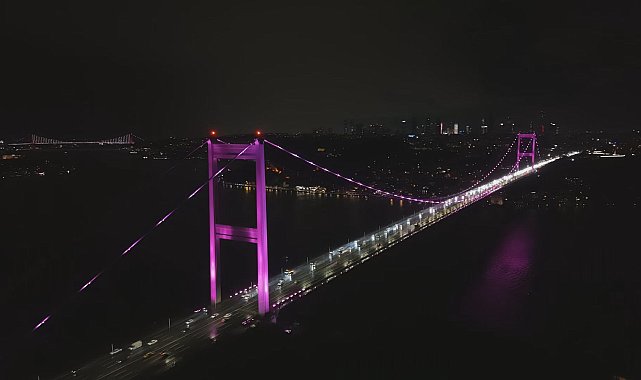 FSM Köprüsü 'Meme Kanseri Farkındalık Ayı' kapsamında pembe ışıklarla aydınlatıldı Havadan görüntü