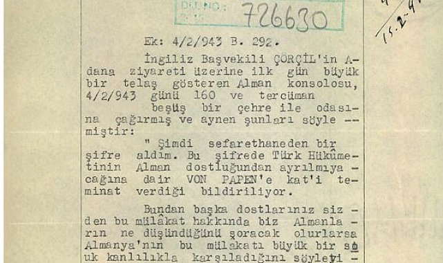 MİT, İnönü ile Churchill görüşmesinin Alman çevrelerine yansımasına ilişkin belgeyi paylaştı